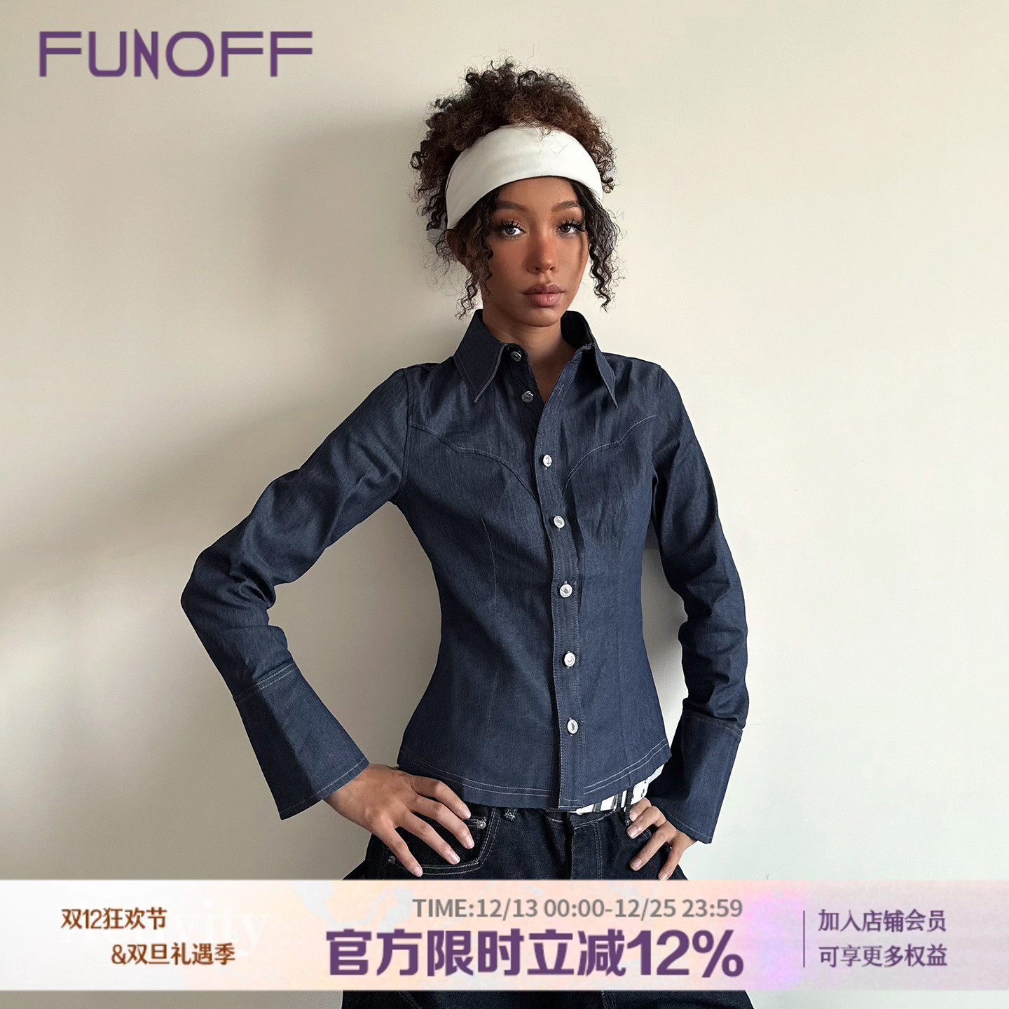 美式复古深蓝色纽扣牛仔长袖衬衫