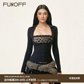 美式 复古豹纹拼接低胸翻领长袖 T恤性感修身 FUNOFF 收腰衬衫 上衣女