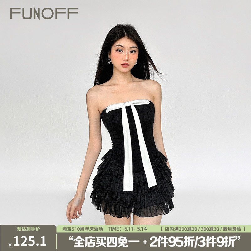 FUNOFF 黑色蝴蝶结鱼骨束腰抹胸连衣裙新款女夏网纱蛋糕生日短裙