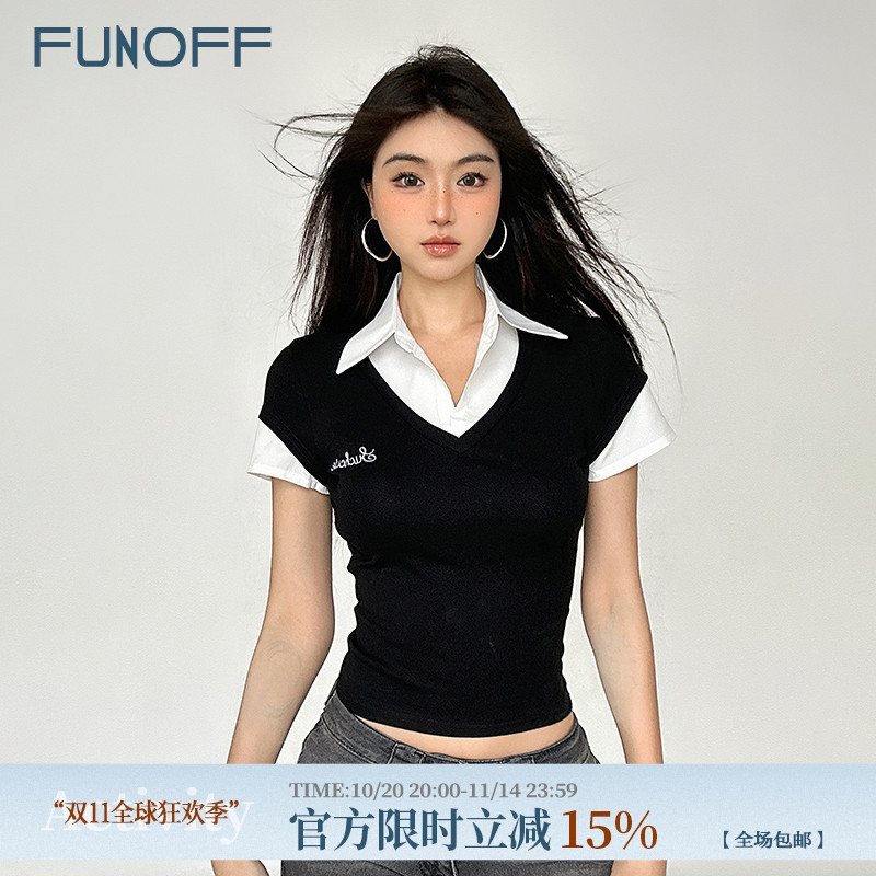 美式复古假两件POLO领长短袖上衣