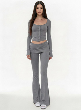 FUNOFF 美式简约灰色针织长袖开衫上衣低腰喇叭休闲长裤两件套装