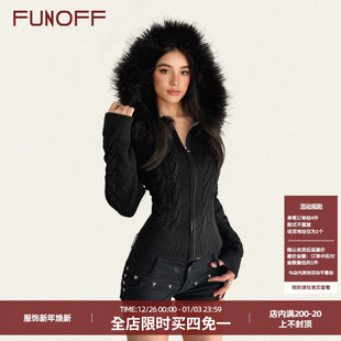 针织上衣 复古黑色毛领麻花拉链毛衣外套秋冬简约长袖 FUNOFF 美式