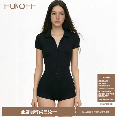 美式简约黑排扣POLO领短袖连体裤
