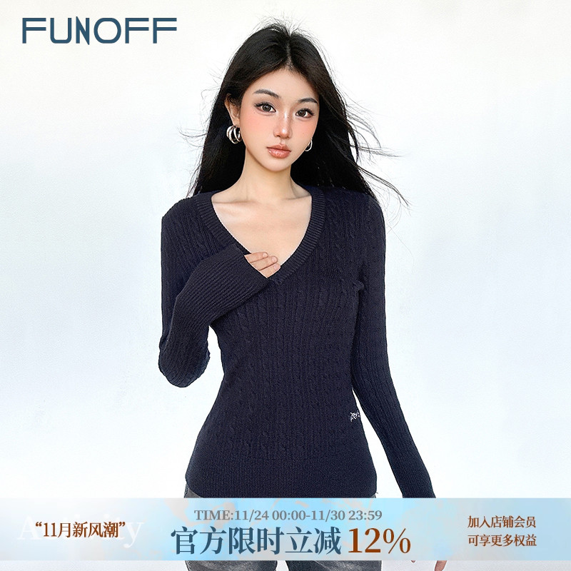 复古学院深蓝色V领麻花正肩毛衣