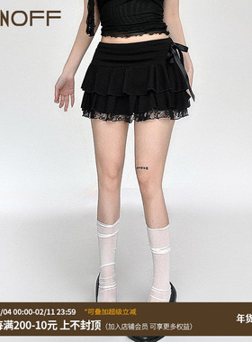 FUNOFF 黑色芭蕾风纯色蝴蝶结拼接蕾丝蛋糕半身裙显瘦a字短裙女夏