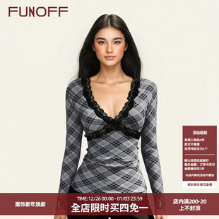 性感低胸修身 FUNOFF 打底衫 复古灰色格纹蕾丝V领长袖 收腰上衣 美式