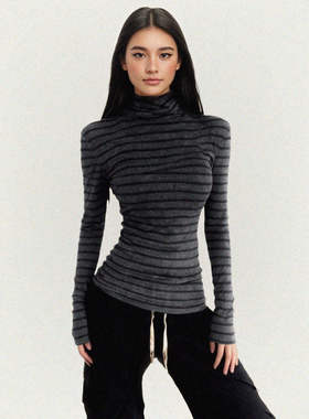 FUNOFF 美式复古黑灰撞色条纹高领长袖打底衫简约收腰内搭T恤上衣
