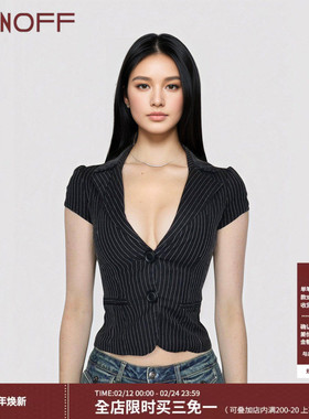 FUNOFF 海妖风黑色条纹低胸V领短袖衬衫性感翻领收腰纽扣西装上衣