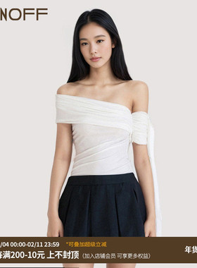 FUNOFF 简约设计感斜肩飘带收腰短袖T恤2025夏修身露肩抹胸上衣女