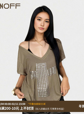 FUNOFF 美式街头V领烫铜十字架斜肩短袖T恤复古亚文化宽松上衣夏