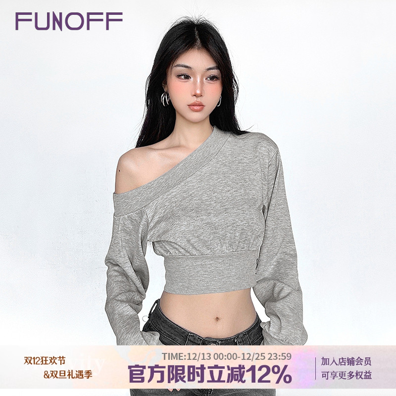 美式复古灰色斜肩收腰长袖卫衣女