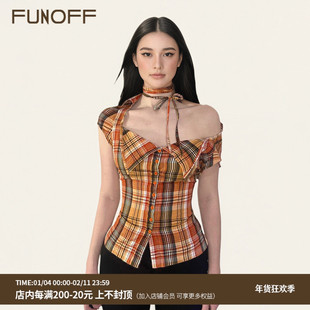 FUNOFF 美式复古橙黄色格纹翻领低胸衬衫古着感绑带收腰短袖上衣