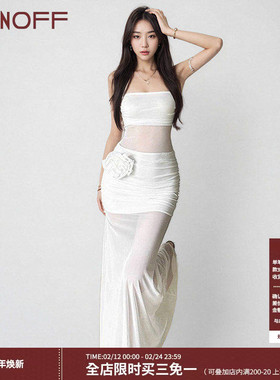 FUNOFF法式度假风白色网纱收腰抹胸连衣裙性感纯欲透视飘逸长裙女