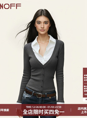 FUNOFF 美式复古灰色假两件POLO亨利领长袖衬衫低胸纽扣收腰上衣