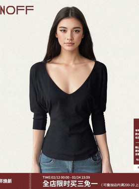 FUNOFF 美式简约V领黑色蝙蝠袖收腰针织T恤百搭显瘦低胸中袖上衣