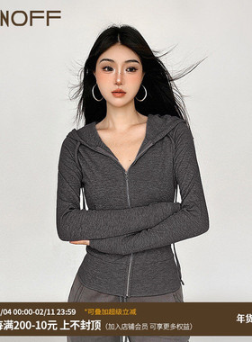 FUNOFF美式复古运动灰色拉链连帽针织卫衣2025春季修身短开衫外套