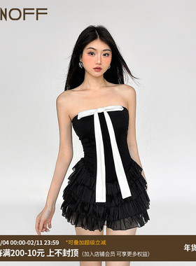 FUNOFF 黑色蝴蝶结鱼骨束腰抹胸连衣裙新款女夏网纱蛋糕生日短裙