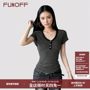 T恤2025夏简约基础收腰上衣 复古黑灰条纹排扣插肩短袖 FUNOFF 美式