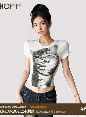 FUNOFF 美式简约猫咪印花露脐短袖T恤2025夏基础白色圆领收腰上衣