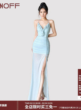 FUNOFF 度假风蓝色荷叶边低胸开叉吊带连衣裙性感露背包臀长裙女