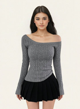 FUNOFF 美式复古灰色修身圆领毛织长袖2025秋冬红色基础收腰上衣