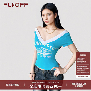 FUNOFF美式 T恤街头性感露锁骨收腰上衣 复古湖蓝色字母印花V领短袖
