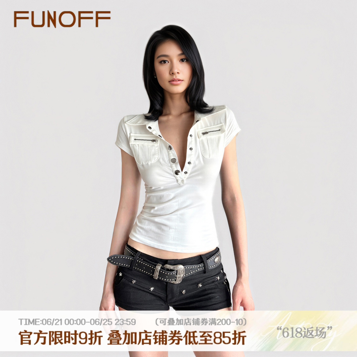 FUNOFF美式复古V领低胸白色短袖衬衫2025夏简约POLO领收腰T恤上衣