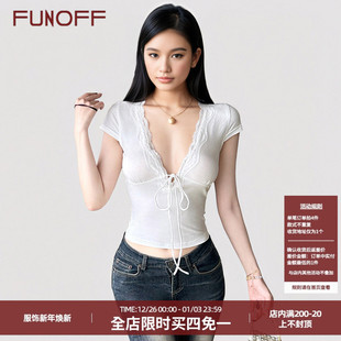 T恤2025夏性感黑色收腰上衣 白色V领低胸蕾丝绑带短袖 FUNOFF 法式
