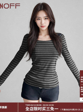 FUNOFF 简约复古条纹一字肩轻薄长袖T恤基础收腰圆领T恤上衣女春