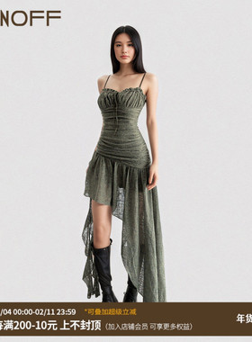 FUNOFF 复古vintage绿色褶皱不规则吊带连衣裙小众收腰露背短裙女