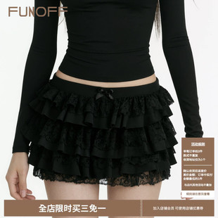 FUNOFF法式 复古黑色蕾丝拼接低腰蛋糕裙少女感荷叶边显瘦半身短裙