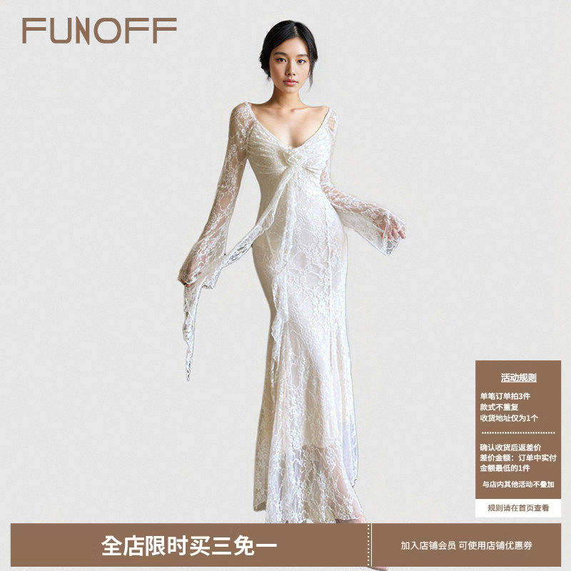 FUNOFF 法式复古白色玫瑰喇叭长袖连衣裙气质飘带收腰鱼尾长裙女