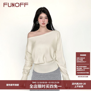 FUNOFF美式 2025秋复古百搭收腰一字肩上衣 简约米白色斜肩毛织长袖