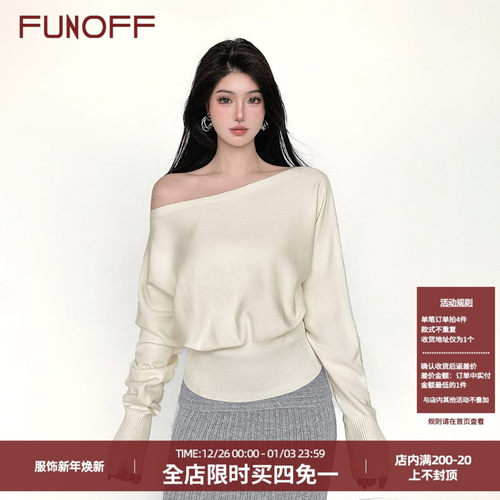 美式简约米白色斜肩毛织长袖秋女