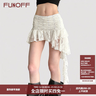 FUNOFF 复古白色蕾丝不规则飘带半身裙流浪风性感蛋糕短裙夏 法式