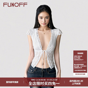 2025夏复古修身 FUNOFF 开衫 性感白色透视蕾丝系带短袖 T恤上衣 法式