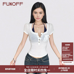 T恤简约低胸收腰上衣套装 复古白色V领排扣真两件短袖 美式 FUNOFF