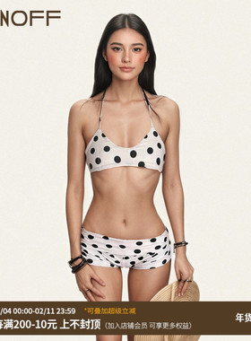 FUNOFF 性感白色波点挂脖绑带吊带背心低腰热裤比基尼两件套装女