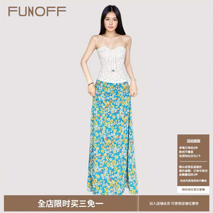 FUNOFF 女 度假风挂脖立体花朵串珠抽绳抹胸蓝色碎花半身长裙套装
