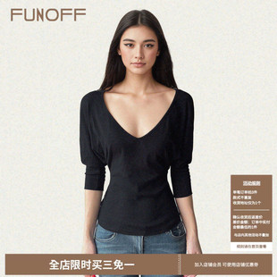 FUNOFF 美式简约V领黑色蝙蝠袖收腰针织T恤百搭显瘦低胸中袖上衣