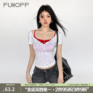 FUNOFF 高智辣妹#复古波点纽扣短袖红色上衣花边吊带真两件套装女