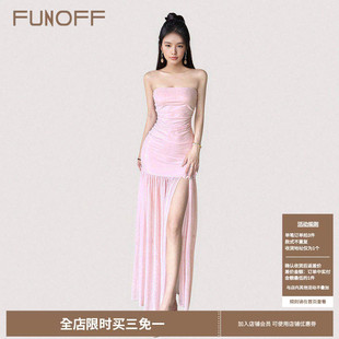 FUNOFF 气质纯色露锁骨抹胸开叉连衣裙度假风性感收腰网纱长裙女