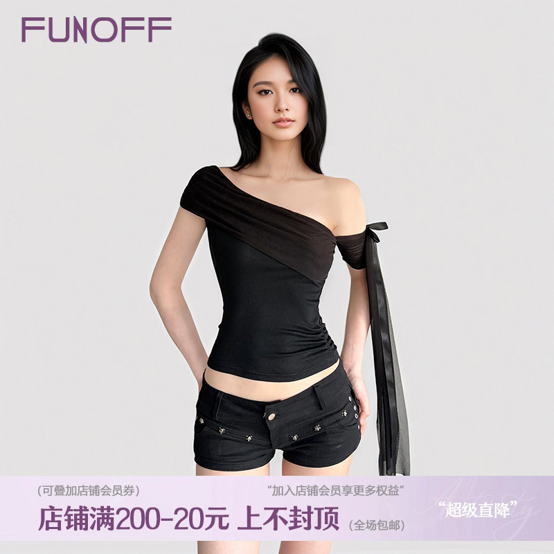 FUNOFF 美式简约黑色网纱斜肩飘带T恤设计感白色一字肩针织上衣夏