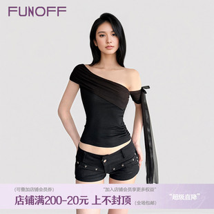 美式 FUNOFF 简约黑色网纱斜肩飘带T恤设计感白色一字肩针织上衣夏