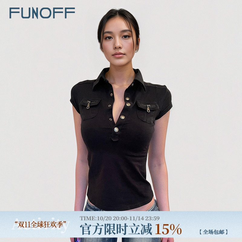 美式复古黑色POLO领口袋短袖衬衫