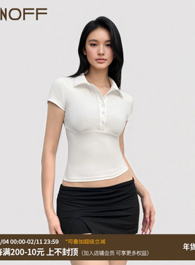 FUNOFF 美式基础白色POLO领收腰短袖衬衫简约黑色排扣翻领T恤上衣