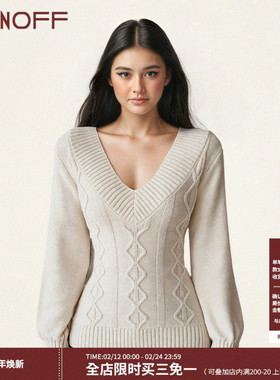 FUNOFF 美式复古米白色V领低胸灯笼袖毛织长袖学院深灰色收腰上衣