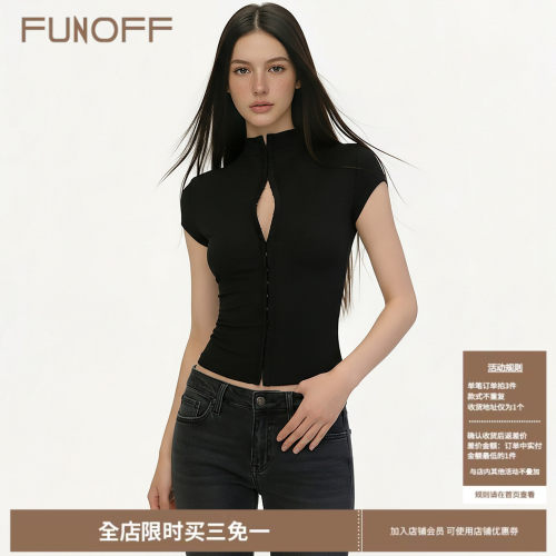 美式黑色排扣镂空立领短袖衬衫女