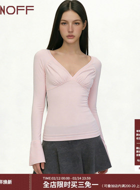 FUNOFF 美式简约粉色V领低胸长袖T恤性感深蓝色基础修身收腰上衣