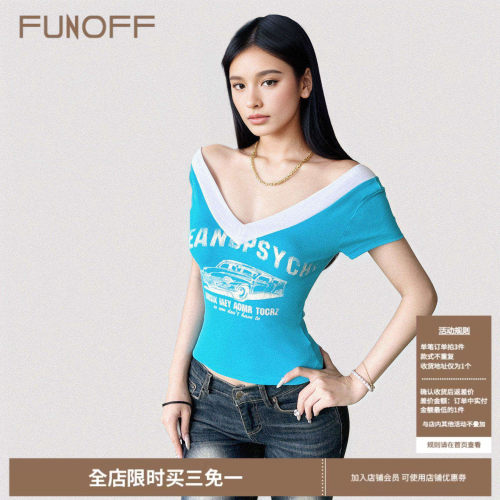美式复古湖蓝色字母印花V领短袖T